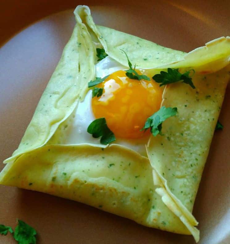 Savory Herb Crepes with Spinach, Gruyere and Olive Oil Fried Egg