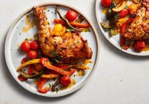 Balsamic and olive oil Sheet-Pan Paprika Chicken with Tomatoes and Parmesan