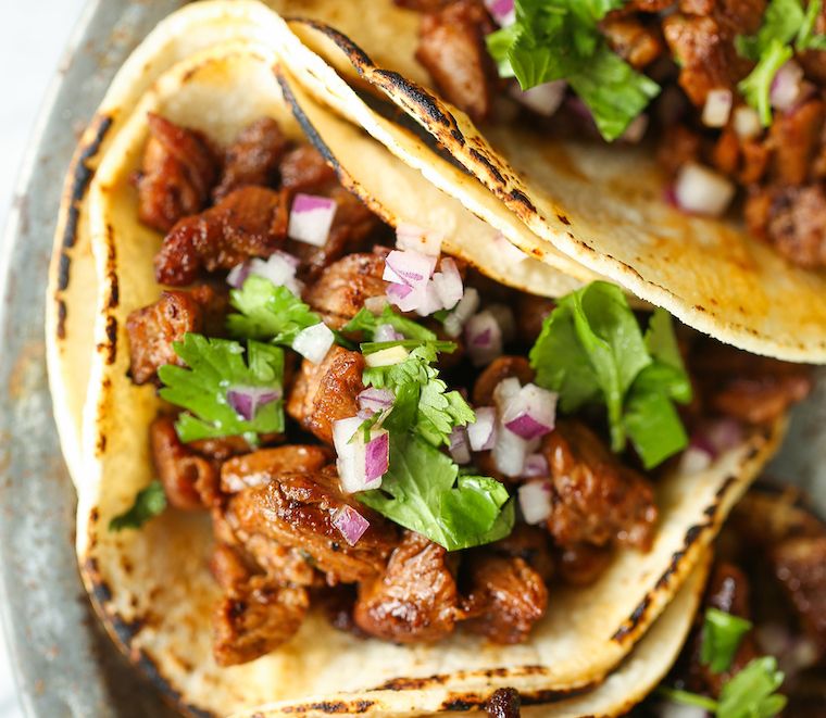 Mexican Street Tacos with Cilantro and Roasted Onion olive oil